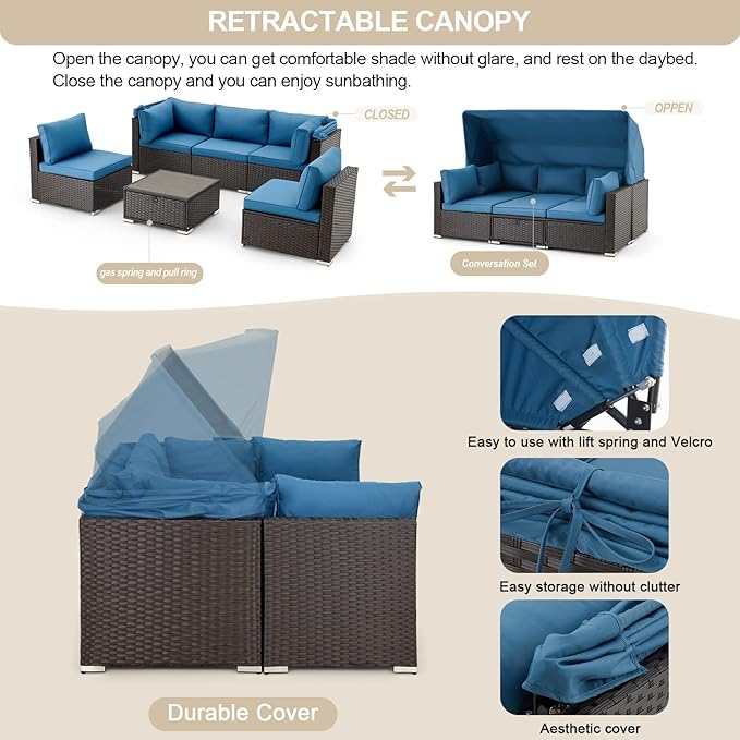 Vicluke 6 Pieces Patio Furniture Sets Outdoor Sectional Sofa Set Rattan Daybed with Retractable Canopy - Photo 2