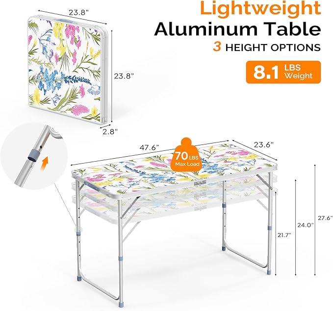 VINGLI 4FT White Folding Table with Carrying Handle Height Adjustable Lightweight Fold Up Portable for Indoor Outdoor - Photo 2