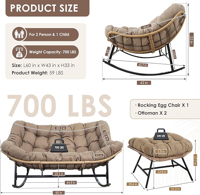 RADIATA Double Papasan Rocking Chair with Ottomans, Oversized Egg Rocking Chairs for 2, Large Wide Loveseat Recliner with Comfy Cushion for Indoor Outdoor Patio Garden, Brown