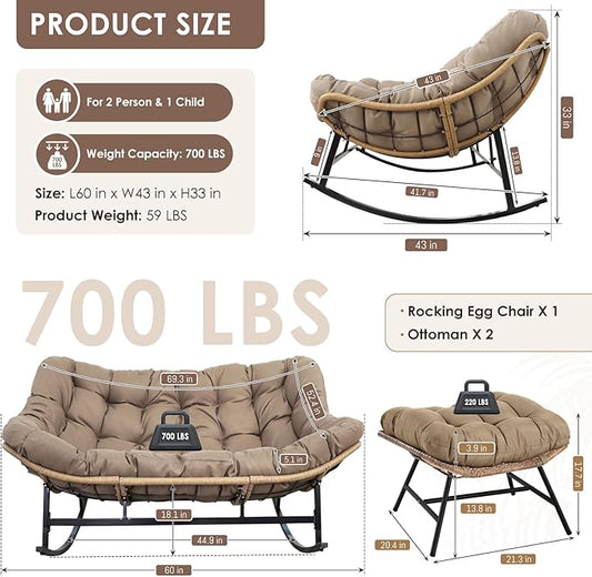 RADIATA Double Papasan Rocking Chair with Ottomans, Oversized Egg Rocking Chairs for 2, Large Wide Loveseat Recliner with Comfy Cushion for Indoor Outdoor Patio Garden, Brown