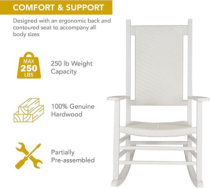 Shine Company Hampton Porch Rocker, High Back Wood Rocking Chair, Rattan Backrest & Seat, White