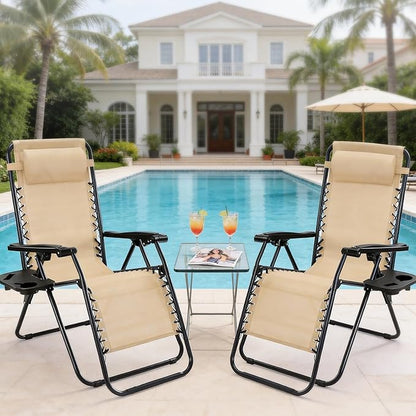 NEWBULIG Zero Gravity Chair Set of 2, Lounge Chair Folding Portable Adjustable Camping Reclining Chairs with Adjustable Pollow, Mesh Back, Cup Holder Trays Lawn Patio Chair for Pool Beach