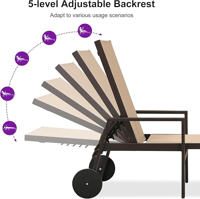 PURPLE LEAF Outdoor Chaise Lounge Chair Set of 2 with Armrests, Aluminum Patio Loungers with Wheels and Adjustable Backrest, Includes Side Table for Deck, Outside, Lawn, Garden, Taupe