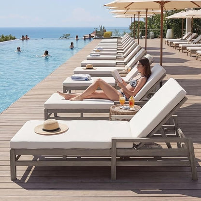 Outdoor Chaise Lounge Chair Set of 3, Patio Chaise Lounge Recliner with Adjustable Backrest, Acacia Wood Poolside Chaise Lounge with Thick All-Weather Cushions for Patio, Deck and Backyard(B)