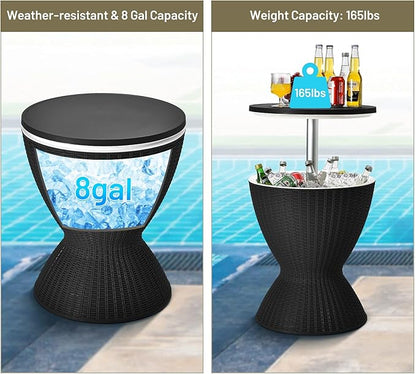 Tangkula Outdoor Cool Bar Table, Rattan Patio 8 Gallon Beer and Wine Cooler, All-Weather Ice Bucket w/Height Adjustable Top, Drainage Plug, 3-in-1 Cocktail Coffee Table for Party, Picnic (Black)