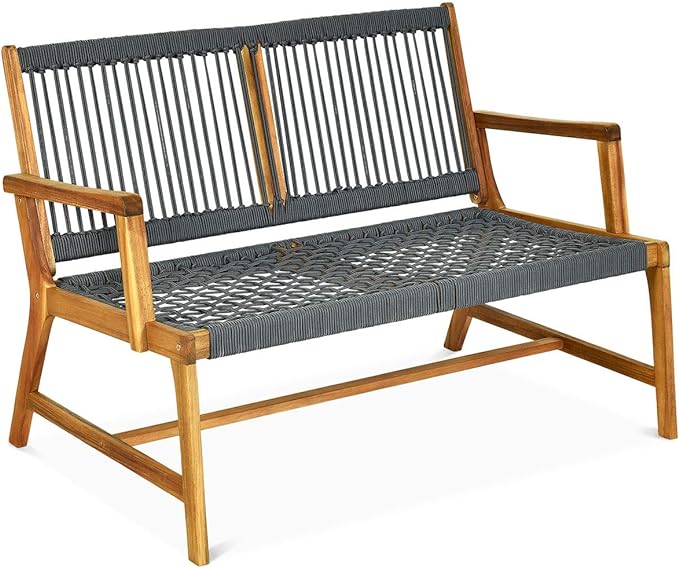 Tangkula 2-Person Patio Acacia Wood Bench Loveseat, Outdoor Patio Rope Bench in Teak Oil Finish, for Balcony Deck Poolside Porch (Grey)