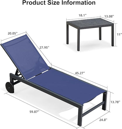 PURPLE LEAF Outdoor Chaise Lounge with Wheels for Outside Aluminum 4 Pieces Patio Lounge Chair with 5 Adjustable Position Recliner for Patio Beach Yard Pool Side Table Included Navy Blue