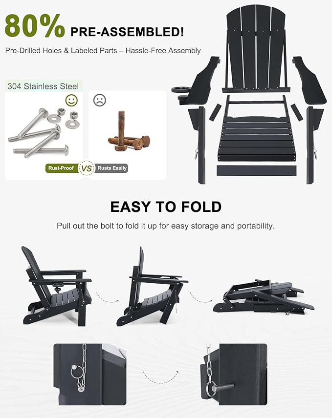 Folding Adirondack Chair with Footrest - Outdoor Weather Resistant Plastic Adirondack Chairs with Detachable Ottoman, Stackable Seating with Cup Holder for Patio (Seat Width 20", Black)