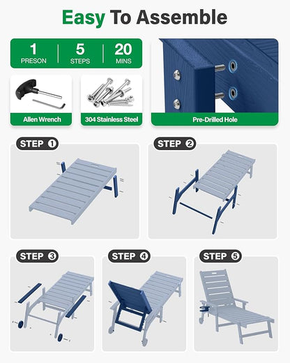 YEFU Lounge Chair Outdoor Set of 2: Outdoor Chaise Lounge with 5-Level Adjustable Backrest, Cup Holders & Wheels, All-Weather Resistance Chaise Lounge for Outside/Patio/Beach/Deck, Navy Blue