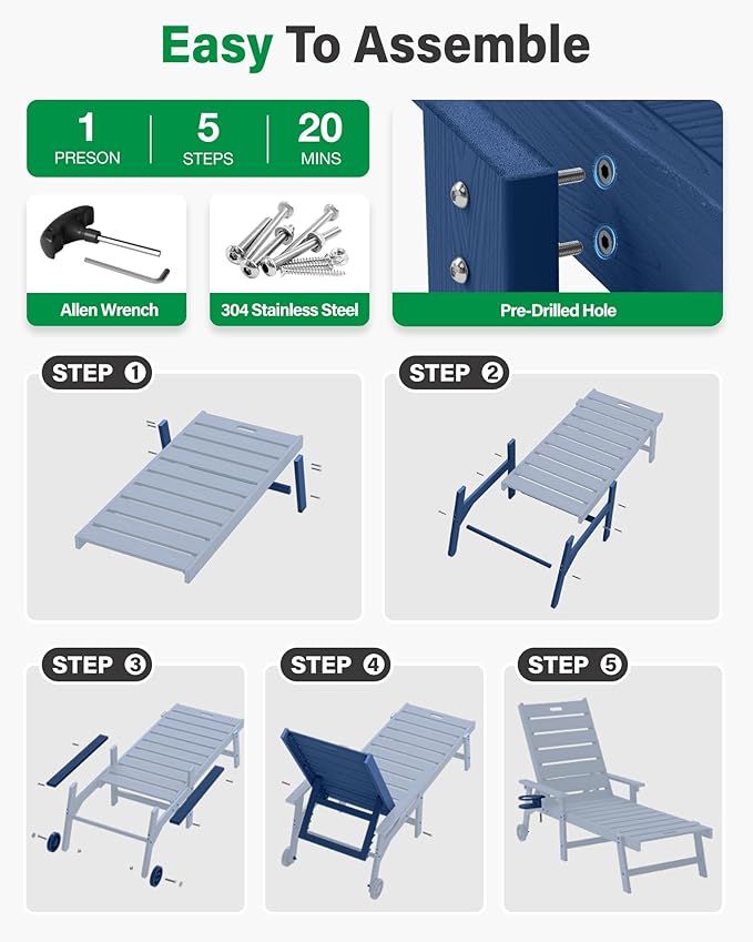 YEFU Lounge Chair Outdoor Set of 4: Outdoor Chaise Lounge with 5-Level Adjustable Backrest, Cup Holders & Wheels, All-Weather Resistance Chaise Lounge for Outside/Patio/Beach/Deck, Navy Blue