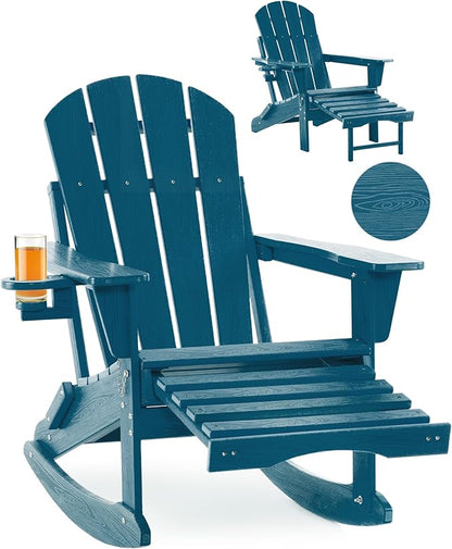 Folding Adirondack Rocking Chair,4-in-1 Multifunctional Patio Chair with Retractable Ottoman, Outdoor Chair Wood Texture, Lawn Chair for Porch, Backyard, Pool(Navy Blue)