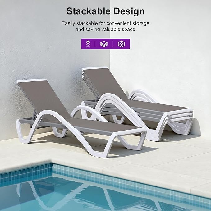 PURPLE LEAF Patio Chaise Lounge Chair Set of 3 Outside Aluminum Plastic Stackable Tanning Chairs with Armrests and Side - Photo 5