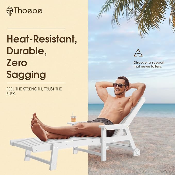 THOEOE Patio Chaise Lounge Chair Set of 2, Oversized Lounge Chair Outdoor with 5 Positions, HDPE, Patio Lounge Chair with Wheels & Cup Holder for Pool, Deck, Poolside,White