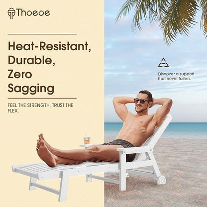 THOEOE Patio Chaise Lounge Chair Set of 4, Oversized Lounge Chair Outdoor with 5 Positions, HDPE, Patio Lounge Chair with Wheels & Cup Holder for Pool, Deck, Poolside,White