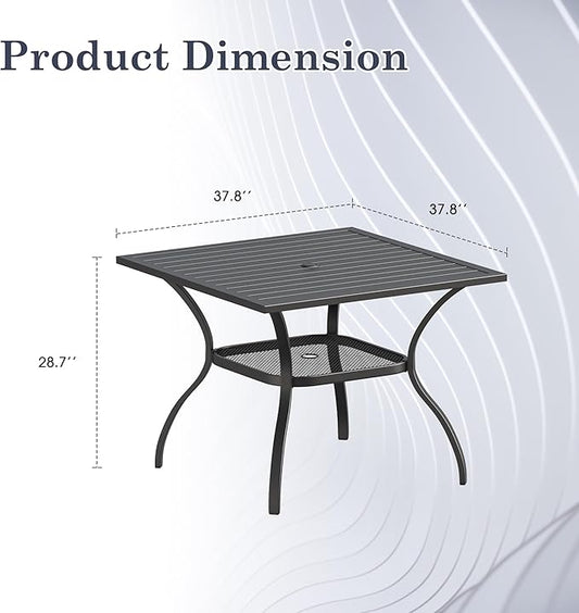 Outdoor Dining Table with Adjustable Umbrella Hole, 37.8" All-Weather Square Patio Dining Table for 4, Metal Patio Table for Garden Lawn Porch Deck Yard, Black