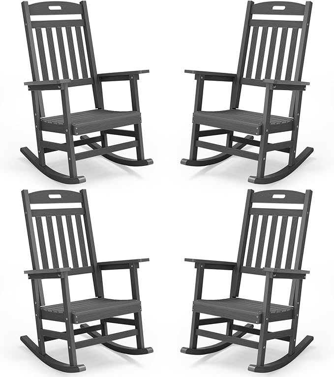 YEFU Outdoor Rocking Chairs Set of 4: Plastic Rocking Chairs for Outside, Weather Resistant for Patio, Easy to Assemble, Safe&Comfortable, Grey