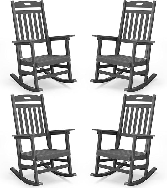 YEFU Outdoor Rocking Chairs Set of 4: Plastic Rocking Chairs for Outside, Weather Resistant for Patio, Easy to Assemble, Safe&Comfortable, Grey