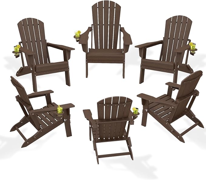 Folding Adirondack Chair Set of 6, HDPE Outdoor Patio Chair with Cup Holder, All Weather Plastic Lawn Chair with Wide Armrests, Portable Patio Chair for Backyard Deck Garden Fire Pit Poolside, Coffee
