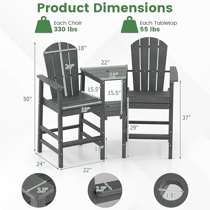 Giantex Outdoor Tall Adirondack Chairs Set of 2, HDPE Adirondack Bar Stools w/Double Connecting Tray, Umbrella Hole, High Backrest, All-Weather Balcony Chair, Patio Barstools for Garden Lawn (Gray)
