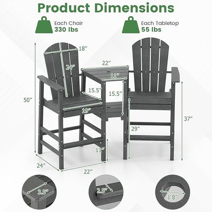 Giantex Outdoor Tall Adirondack Chairs Set of 2, HDPE Adirondack Bar Stools w/Double Connecting Tray, Umbrella Hole, High Backrest, All-Weather Balcony Chair, Patio Barstools for Garden Lawn (Gray)