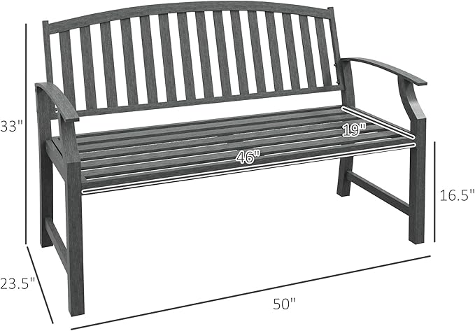 46" Outdoor Garden Bench, Metal Bench, Wood Look Slatted Frame Furniture for Patio, Park, Porch, Lawn, Yard, Deck, Gray