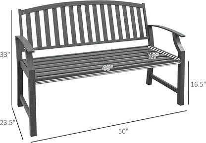 46" Outdoor Garden Bench, Metal Bench, Wood Look Slatted Frame Furniture for Patio, Park, Porch, Lawn, Yard, Deck, Gray