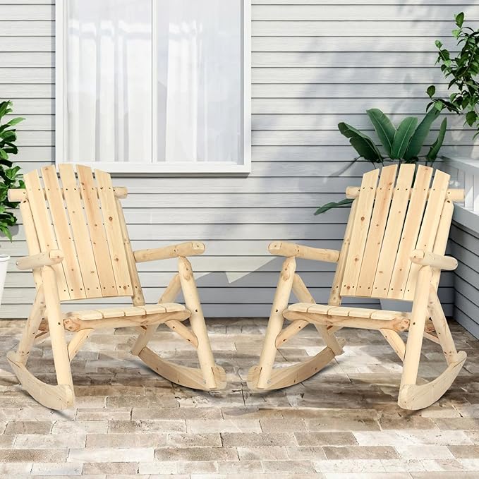 Outdoor Wooden Rocking Chair, Patio Log Rustic Adirondack Porch Rocker, All Weather Solid Wood Rocker Chair with High Back & Slatted Seat for Indoor, Backyard, Garden (Set of 2, Natural)