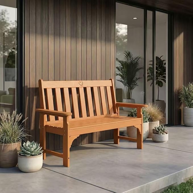 2-Person Outdoor Garden Bench, HDPE All-Weather Patio Bench with Backrest & Armrests, Heavy Duty Outdoor Seating for Porch, Backyard & Park, 660 lbs (Brown, 1 Bench)