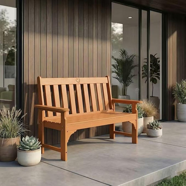 2-Person Outdoor Garden Bench, HDPE All-Weather Patio Bench with Backrest & Armrests, Heavy Duty Outdoor Seating for Porch, Backyard & Park, 660 lbs (Brown, 1 Bench)