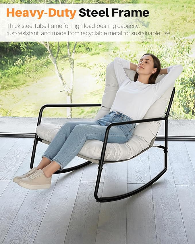 Outdoor Rocking Chair, Metal Patio Rocking Chair, Indoor Rocking Chair with Cushion, Papasan Rocking Lounge Chair, Comfy Modern Rocker Chair for Porch, Living Room, Garden, Backyard, Off-White