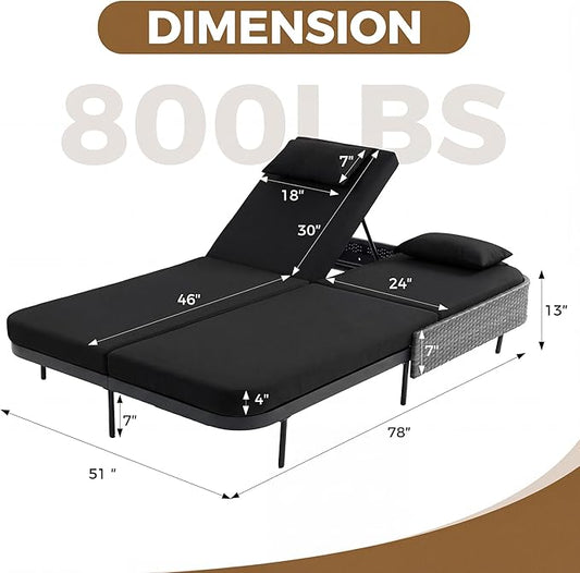 NICESOUL Double Chaise Lounge Outdoor, 51.2" Wide 2-Person Daybed with Independent Recline, Loveseat with 4" Thick Cushions, Heavy Duty All-Weather Wicker Sunbed for Patio Poolside Garden