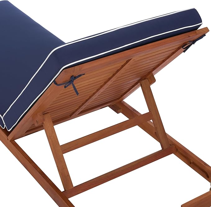 SAFAVIEH Outdoor Patio Furniture Collection - Sophie Natural Solid Wood Lounger with Navy Cushion & White Piping, Adjustable Backrest, Chaise Lounge Chair (PAT7101B)