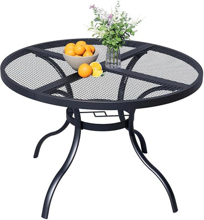 Round Patio Dining Table,All-Weather Metal Steel Mesh Patio Table with Umbrella Hole,Outdoor Dining Table for Lawn Garden Porch, Black
