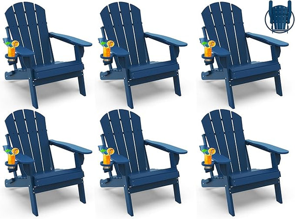 GREENVINES Folding-Adirondack-Chairs-Set-of-6 | HDPE Plastic | Fire Pit Chair | All Weather | Cup Holder | Blue - Photo 1