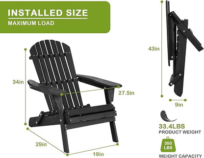 Folding Adirondack Chair, Weather Resistant Lawn Chair Outdoor Modern Fire Pit Chairs Outdoor Chairs for Patio Lawn Garden Backyard Pool Deck, Black
