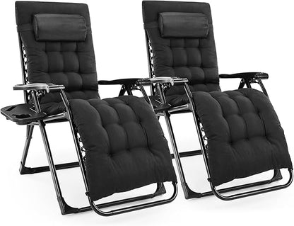 DUMOS Set of 2 Zero Gravity Chair, Reclining Camping Lounge Chair for Outdoor, Reclining Patio Chairs with Cup Holder Trays and Removable Cushion, Folding Recliner for Indoor, Black