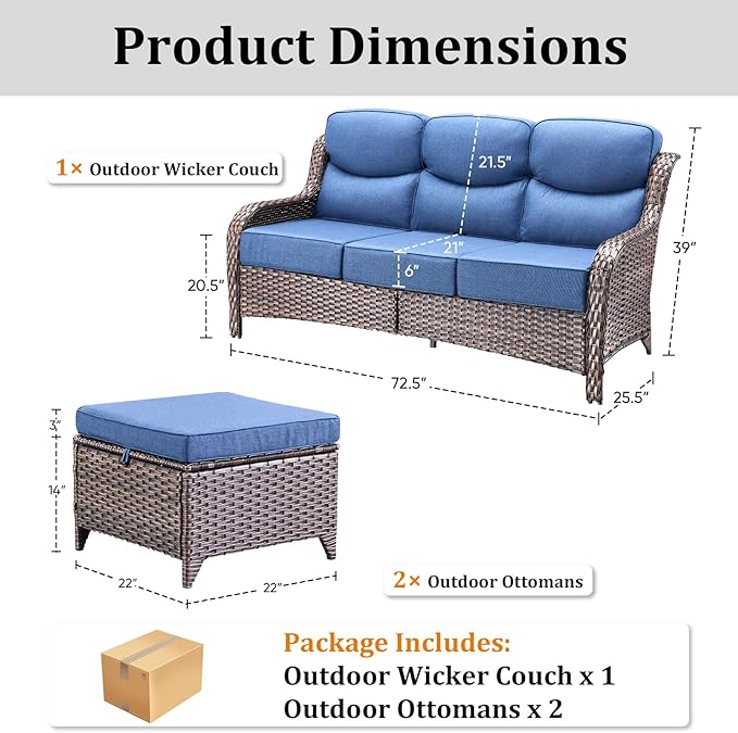 3 Pieces Patio Sofa Set with 6" Thick Cushions, High Back Wicker Sectional Outdoor Sofa with Ottomans - Photo 9