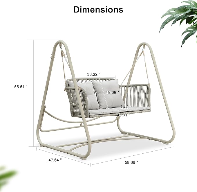 PURPLE LEAF 2-Seat Cloud Swing Chair with Stand and 12 Clear LED Lights Patio Wicker Hanging Swinging for Indoor Backyard Garden Outdoor Hammock Porch Swing, Cushion and Pillows Included, Cream