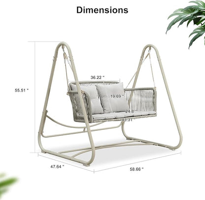PURPLE LEAF 2-Seat Cloud Swing Chair with Stand and 12 Clear LED Lights Patio Wicker Hanging Swinging for Indoor Backyard Garden Outdoor Hammock Porch Swing, Cushion and Pillows Included, Cream
