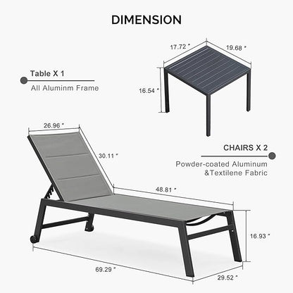 PURPLE LEAF Extra Large Outdoor Chaise Lounge 4 Pieces Aluminum Patio Lounge Chair with Wheels Reclining Chair for Patio Pool Beach Sunbathing Grey Oversized Lounger