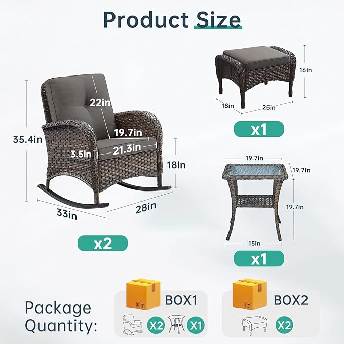 Patio Rocking Chair - 5 Peices Outdoor Wicker Rocker Porch Chair Set with Tempered Glass Side Table, and 2 Ottoman, Rattan Seating for Balcony Garden Brown/Grey