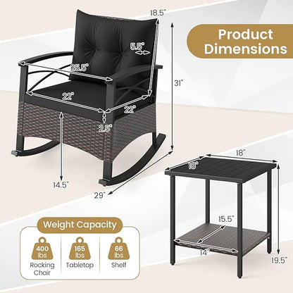 ORALNER 3-Piece Wicker Rocking Chair Set, Outdoor Cushioned Rocker and Acacia Wood Side Table, 400lbs Capacity, PE Rattan Patio Conversation Bistro Set for Porch, Garden, Deck, Poolside, Yard (Black)