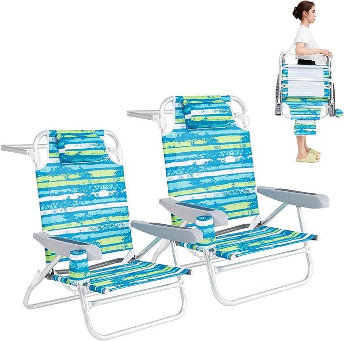 GYMAX Beach Chairs, 2Pcs Folding Camping Chair with Adjustable Backrest, Shoulder Strap, Cup Holder & Headrest, Portable Aluminum Lounger for Tanning, Sunbath, Lawn, Patio (Green, 2 Chairs)