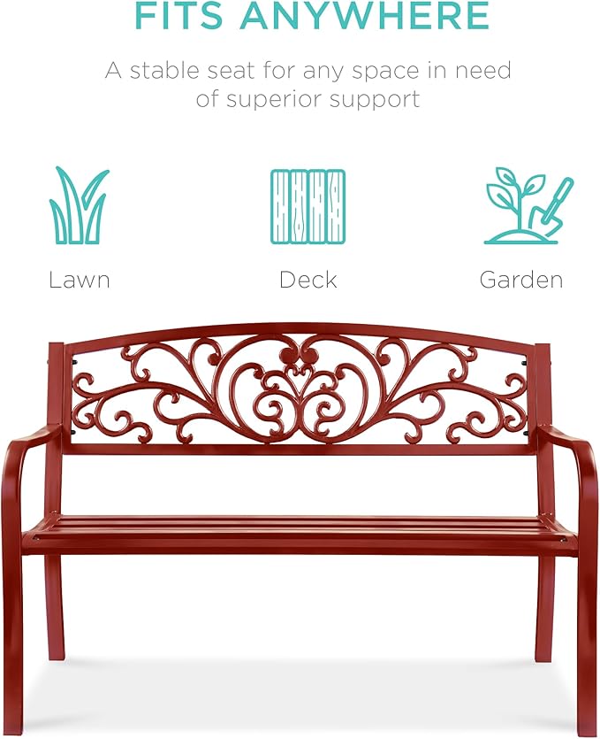 Best Choice Products Outdoor Bench Steel Garden Patio Porch Furniture for Lawn, Park, Deck w/Floral Design Backrest - Photo 3