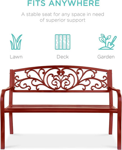 Best Choice Products Outdoor Bench Steel Garden Patio Porch Furniture for Lawn, Park, Deck w/Floral Design Backrest, Slatted Seat - Rust