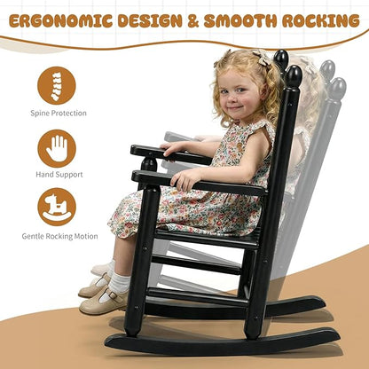 Outvita Kids Rocking Chair, Ergonomic Sturdy Toddler Rocking Chair with High Backrest & Rounded Armrests, Safe Solid Wood Baby Rocker Chair for Age 3-6, Outdoor, Living Room, Reading Room(Black)