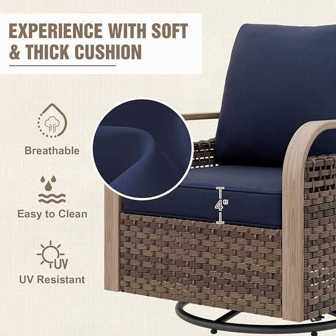 Modern Wicker Outdoor Swivel Rocking Chair, Rattan Glider Rocker Chair Patio Armchair for Backyard, Deck, Porch, Garden, 1 Piece, Brown/Blue