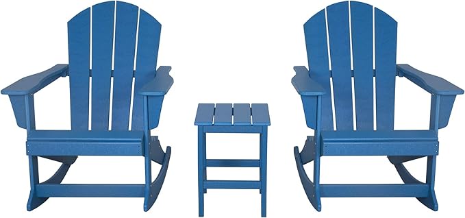 WO WESTIN OUTDOOR HDPE Laguna Outdoor Rocking Poly Adirondack Chair with Side Table 3-Piece Set, Pacific Blue