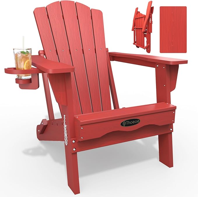 Folding Adirondack Chair, HDPE All-Weather Outdoor Chair with Cup Holder, Wooden Textured, Fire Pit Chair - Photo 1