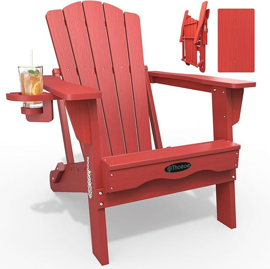 Folding Adirondack Chair,HDPE All-Weather Outdoor Chair with Cup Holder,Wooden Textured,Fire Pit Chair,Plastic Patio Chair for Deck,Backyard,Garden,Lawn(Red)